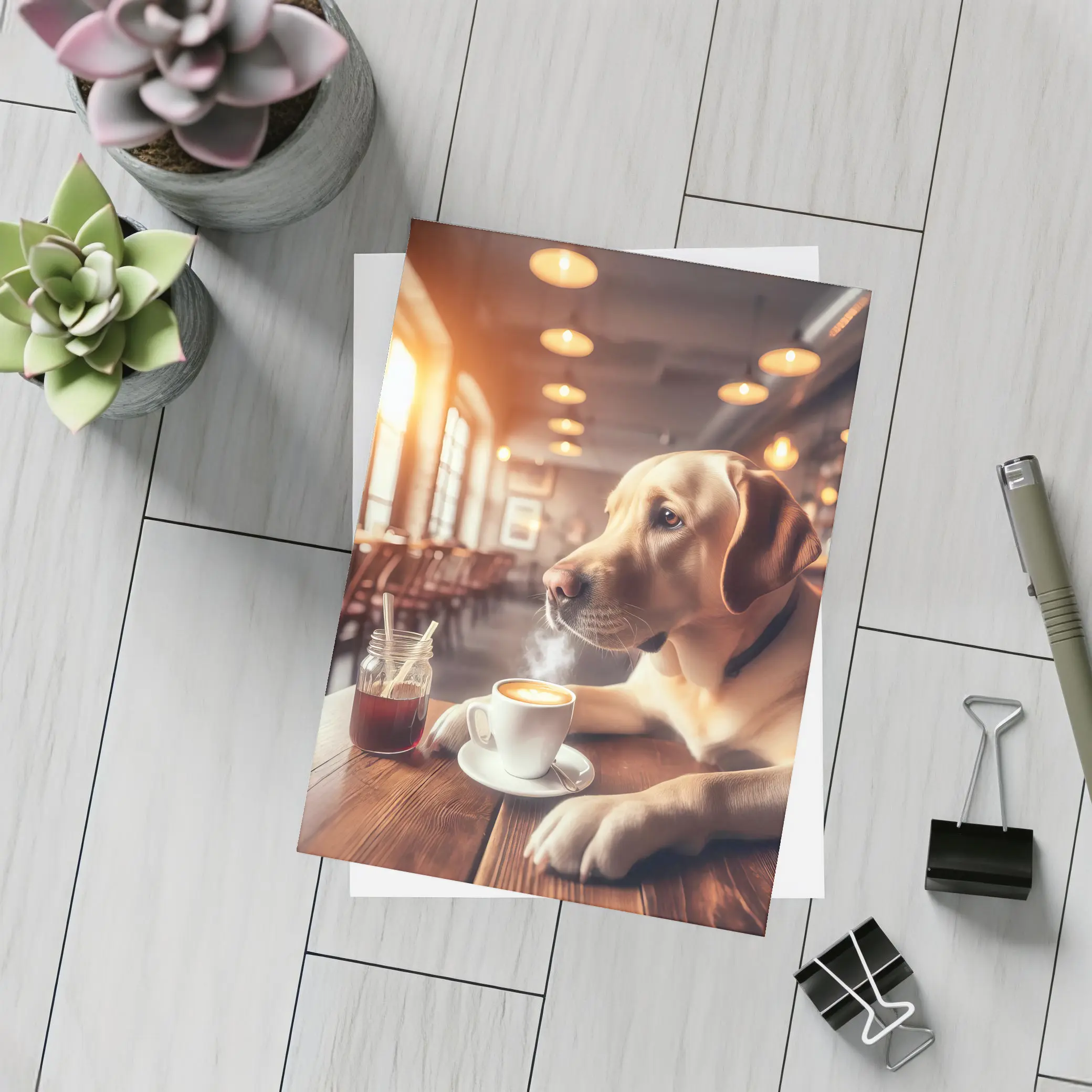 Labrador Retriever Sitting in Cozy Cafe – Postcards