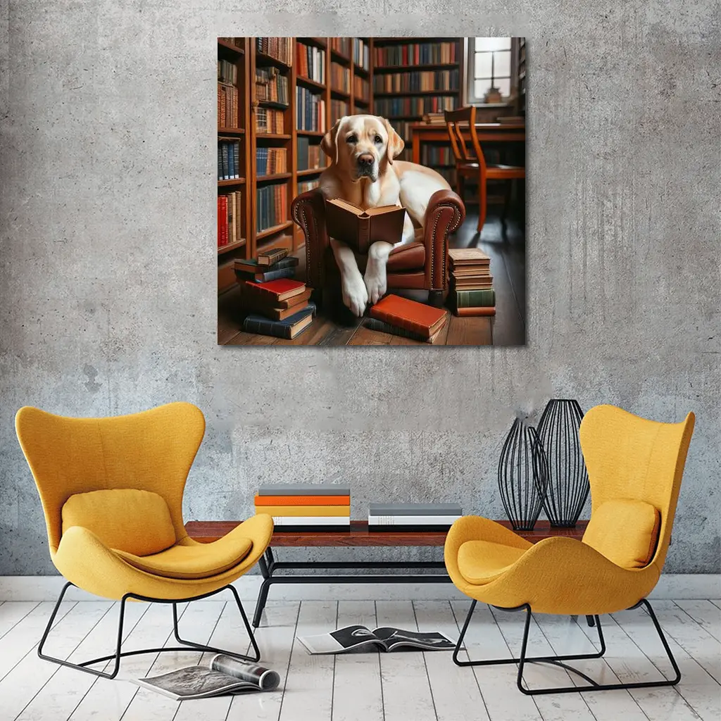 Labrador Retriever Reading Book In Library – Wall Art