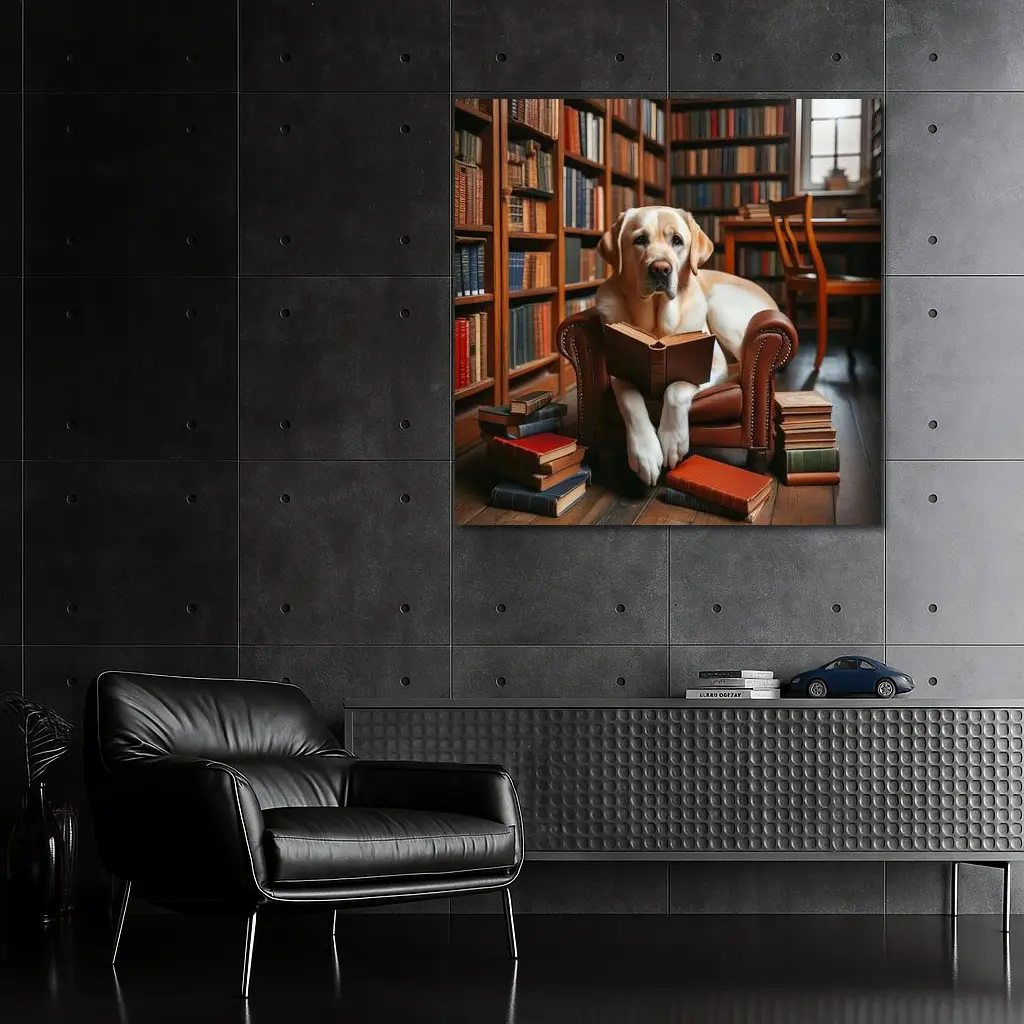 Labrador Retriever Reading Book In Library – Wall Art