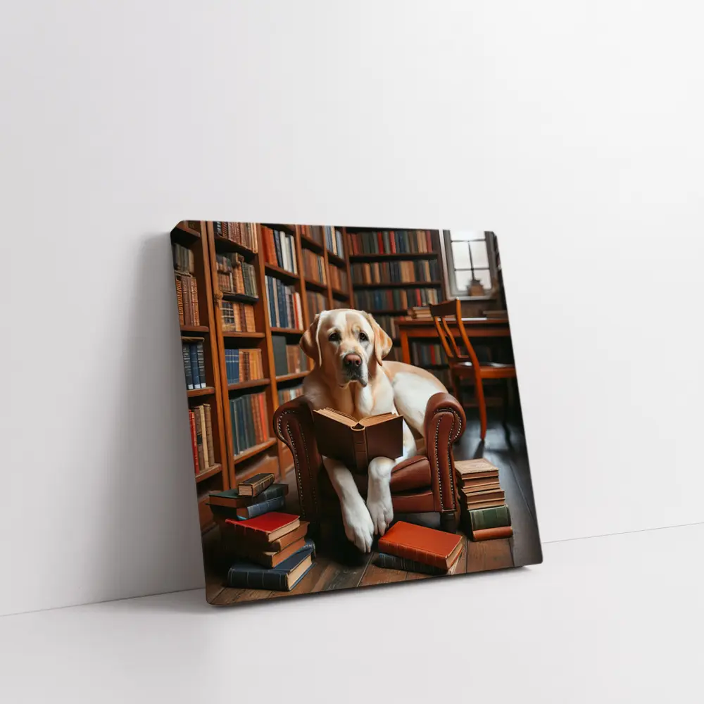 Labrador Retriever Reading Book In Library – Wall Art