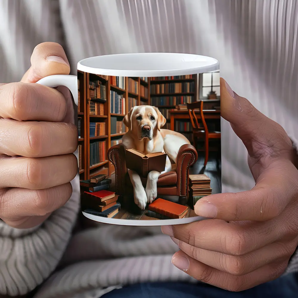 Labrador Retriever Reading Book In Library – Mugs
