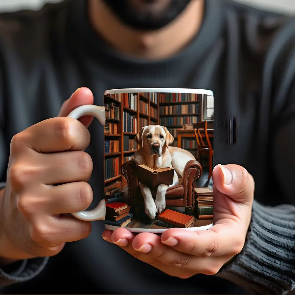 Labrador Retriever Reading Book In Library – Mugs