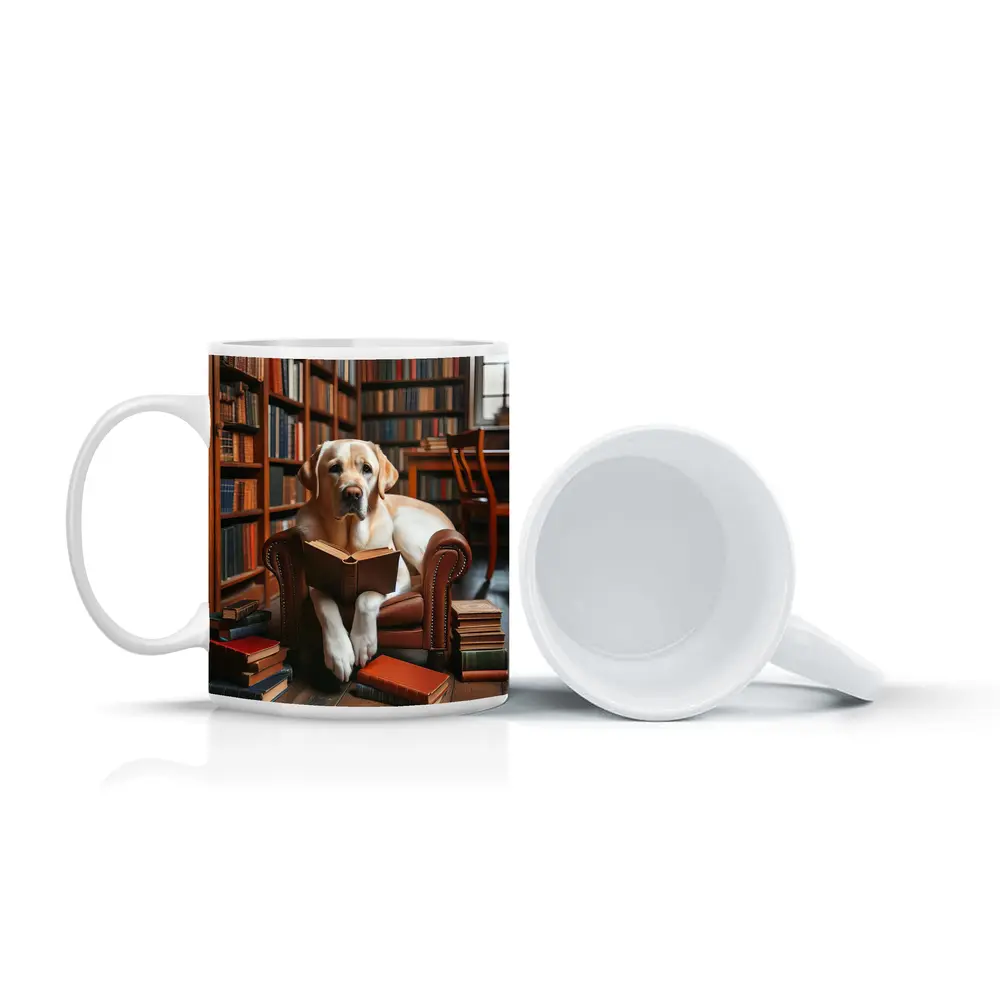 Labrador Retriever Reading Book In Library – Mugs