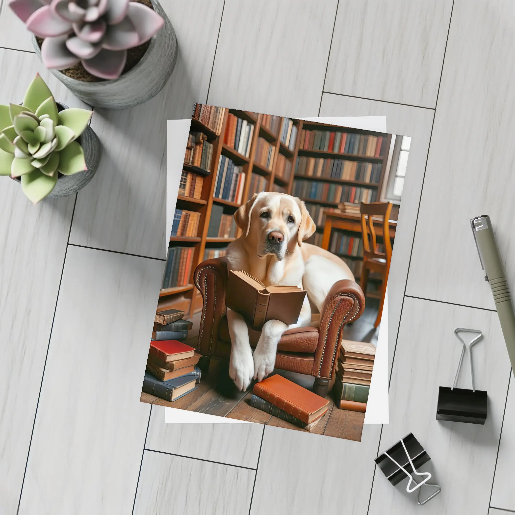 Labrador Retriever Reading Book In Library – Postcards