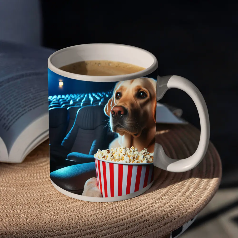 Labrador Retriever Watching Movie With Popcorn – Mugs