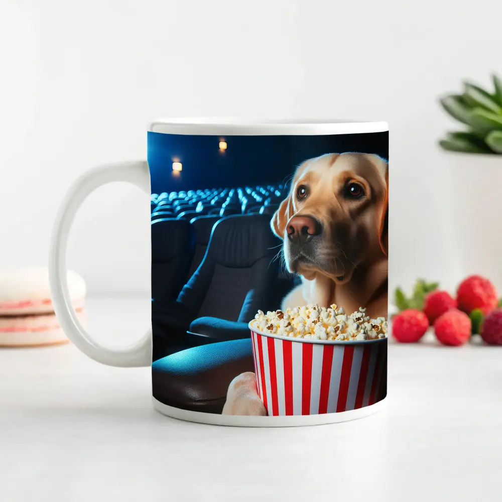 Labrador Retriever Watching Movie With Popcorn – Mugs