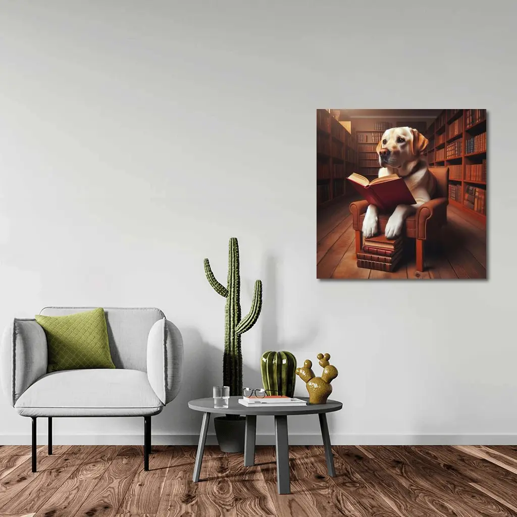 Labrador Retriever Reading Book In Library – Wall Art
