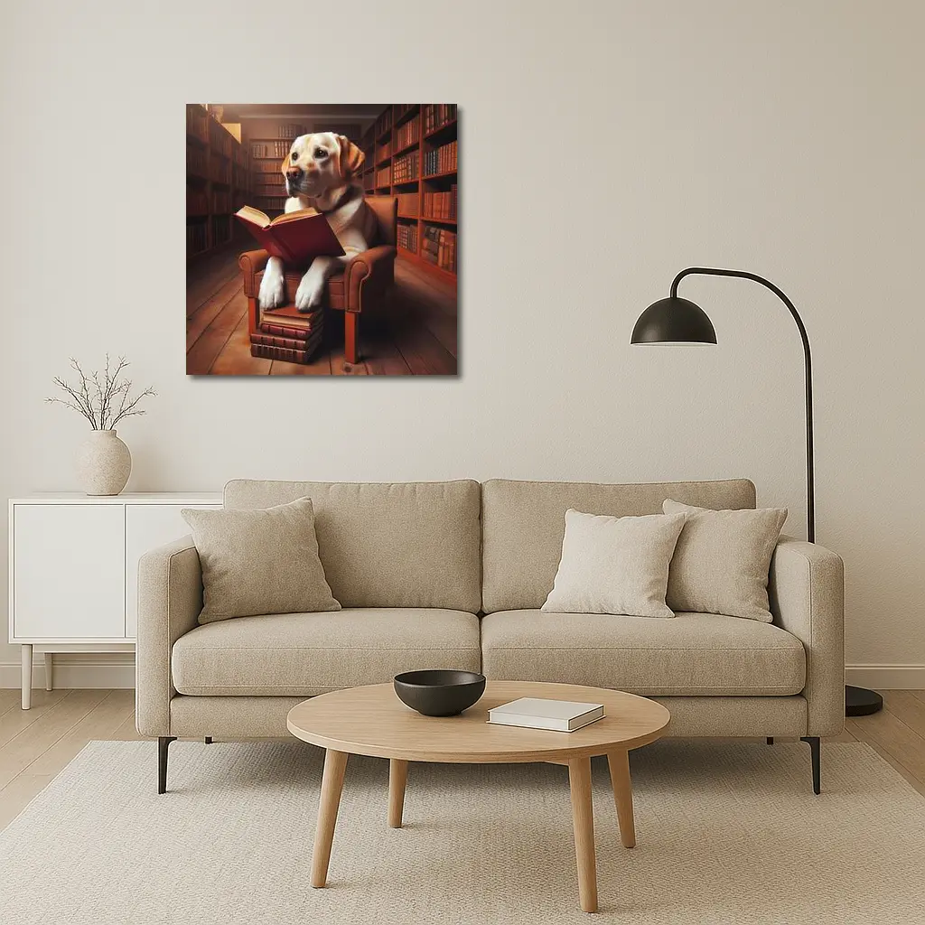 Labrador Retriever Reading Book In Library – Wall Art