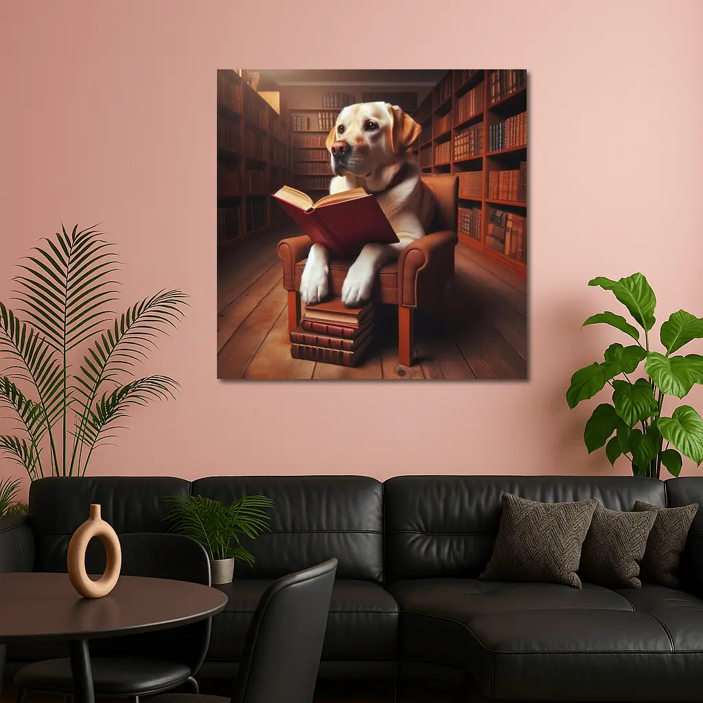 Labrador Retriever Reading Book In Library – Wall Art
