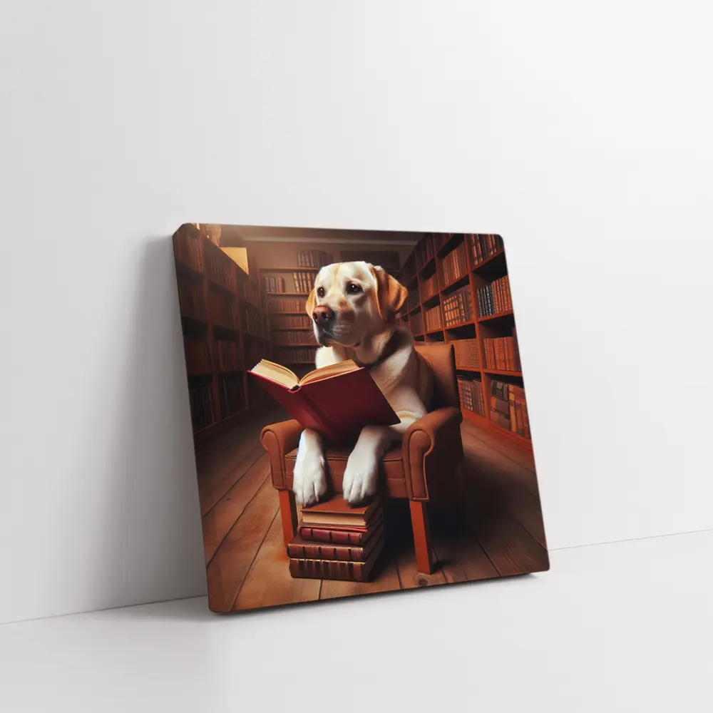 Labrador Retriever Reading Book In Library – Wall Art