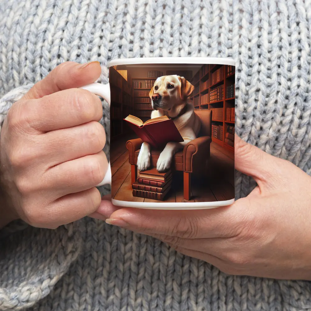 Labrador Retriever Reading Book In Library – Mugs