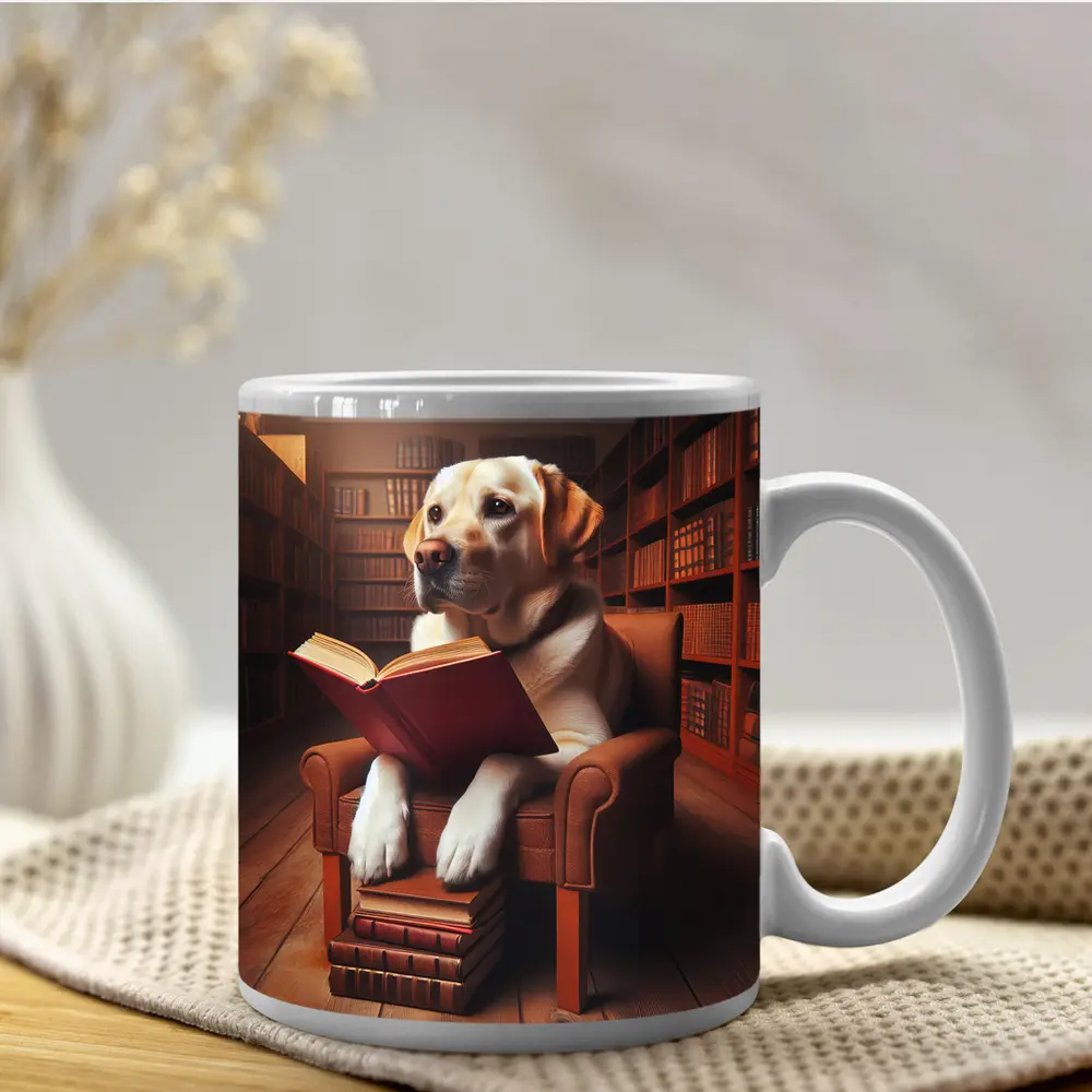Labrador Retriever Reading Book In Library – Mugs