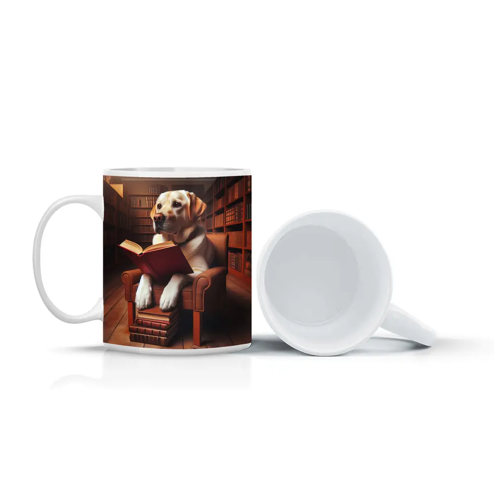 Labrador Retriever Reading Book In Library – Mugs
