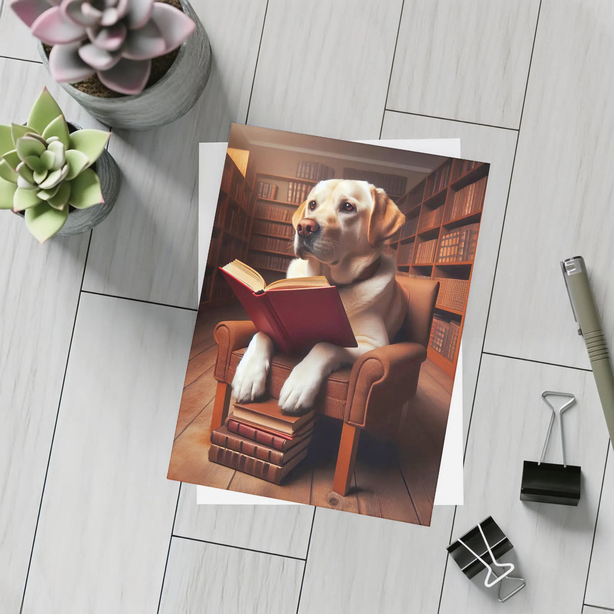 Labrador Retriever Reading Book In Library – Postcards