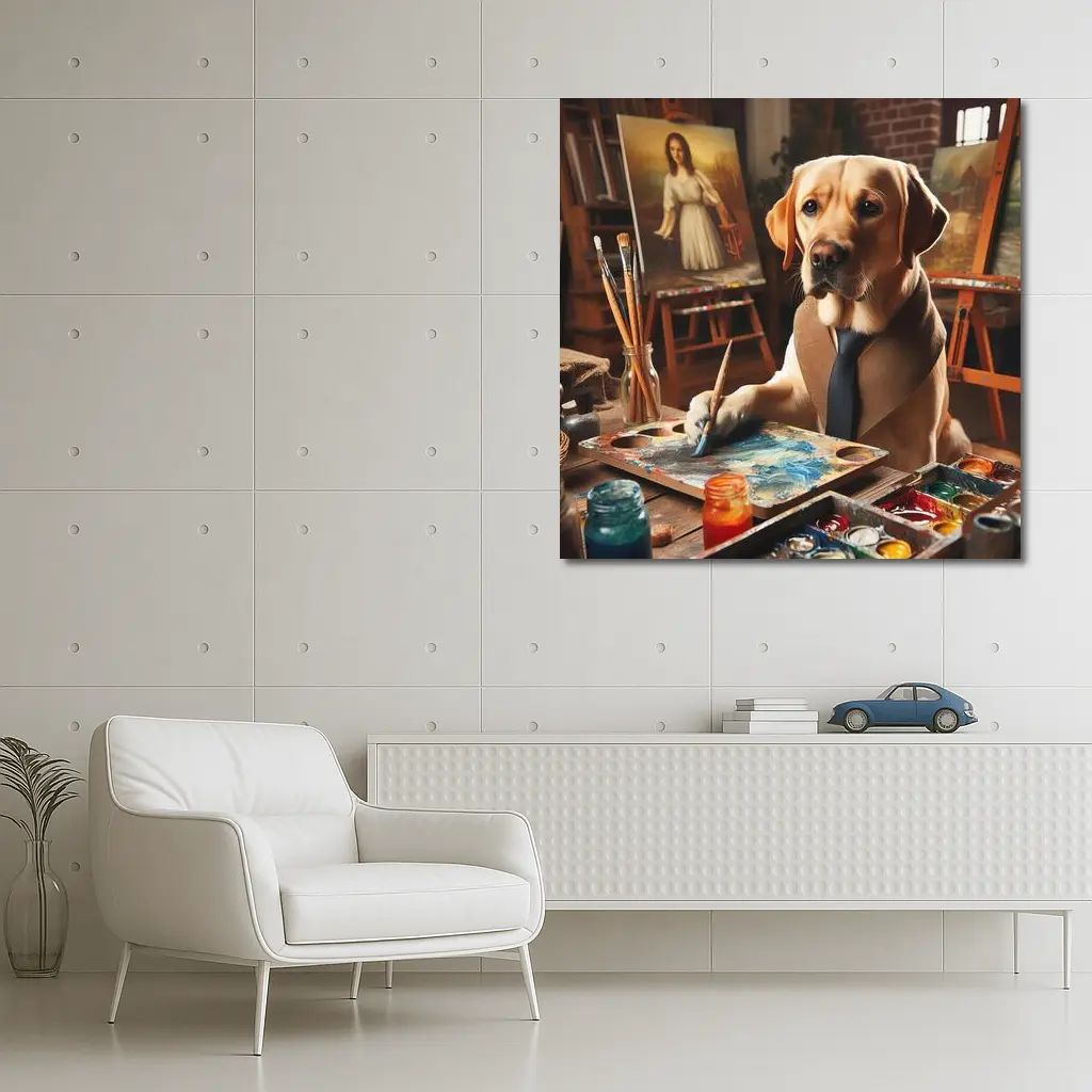 Labrador Retriever Artist Painting in Studio – Wall Art