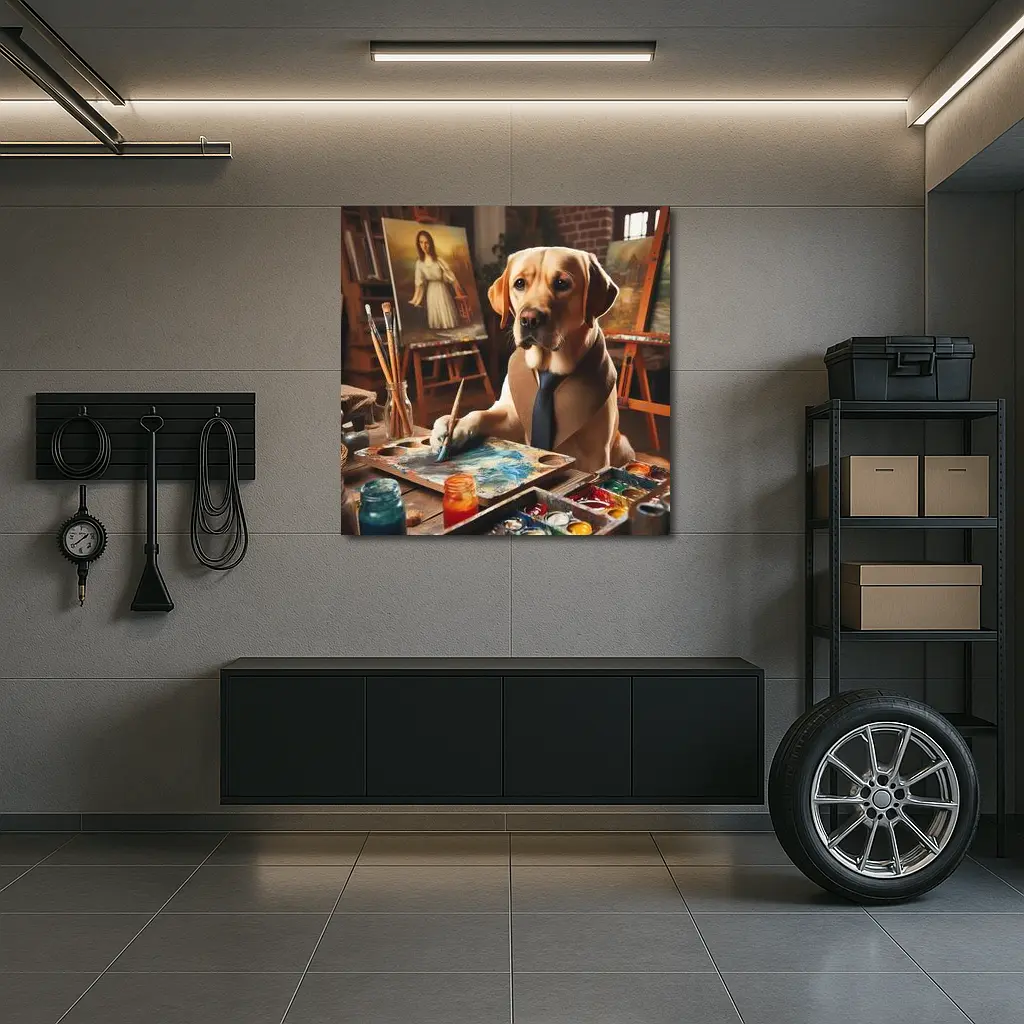 Labrador Retriever Artist Painting in Studio – Wall Art