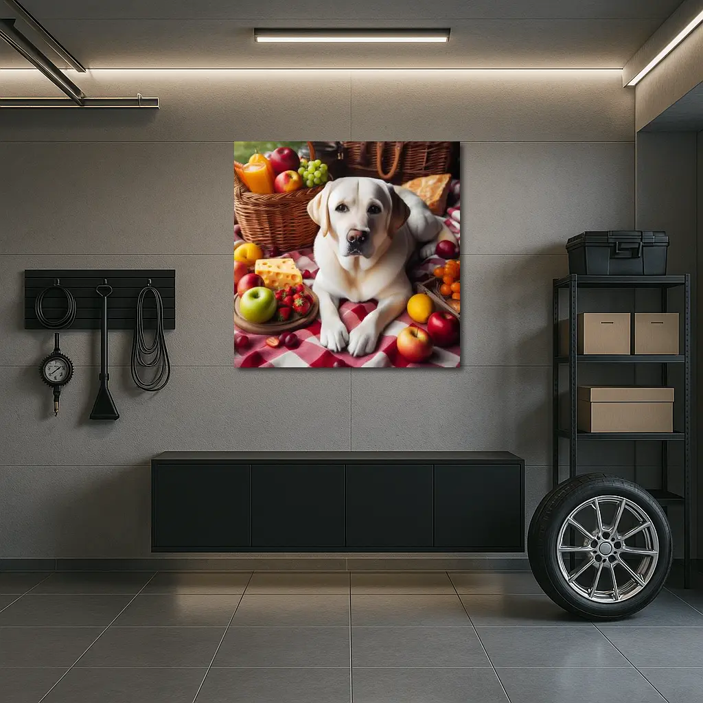 Yellow Labrador Retriever Picnic Fruits Spread – Wall Art