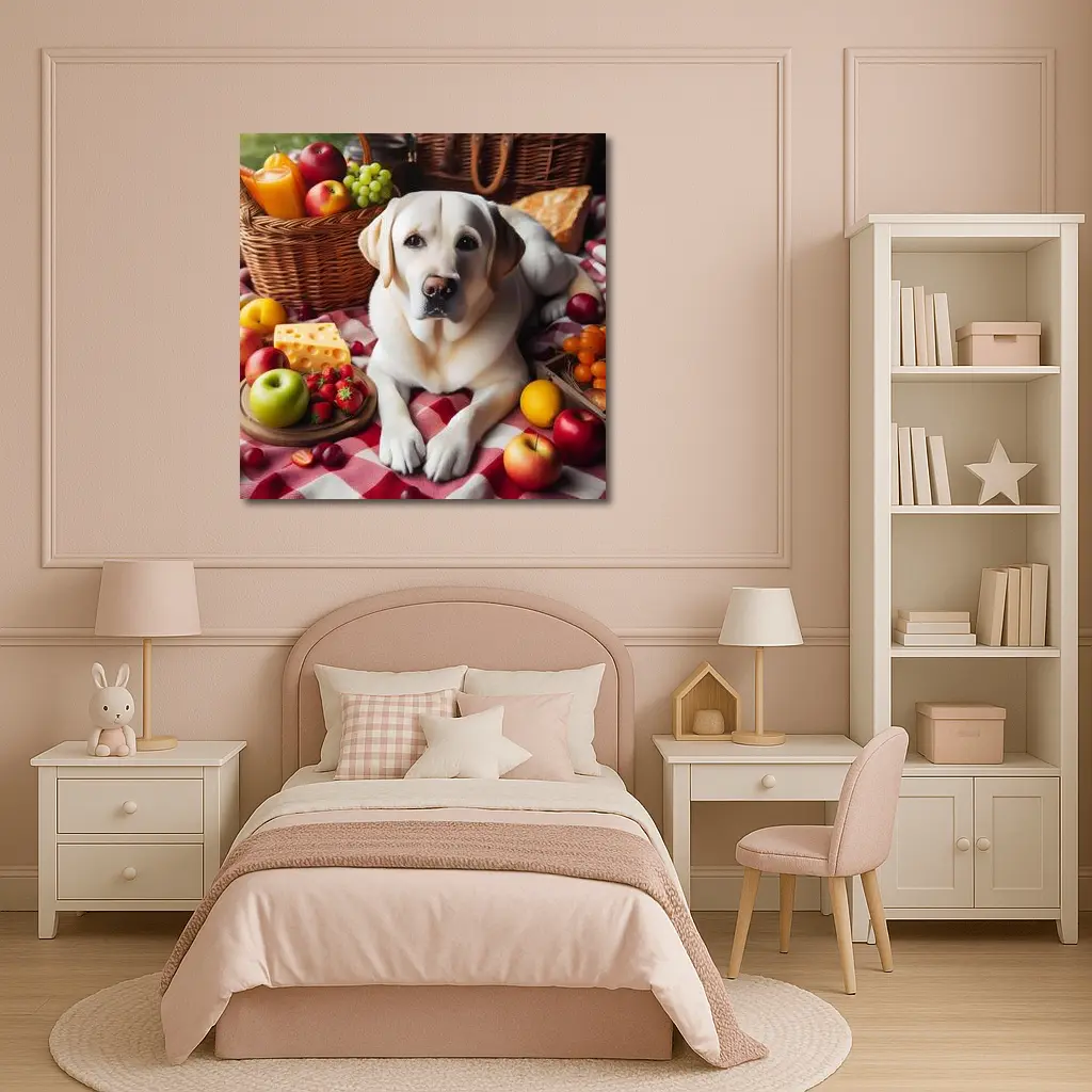 Yellow Labrador Retriever Picnic Fruits Spread – Wall Art