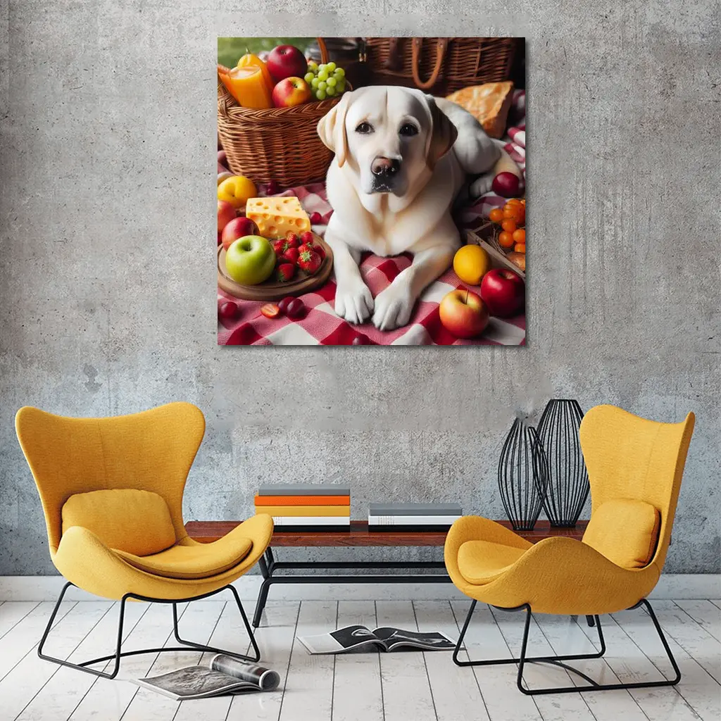 Yellow Labrador Retriever Picnic Fruits Spread – Wall Art