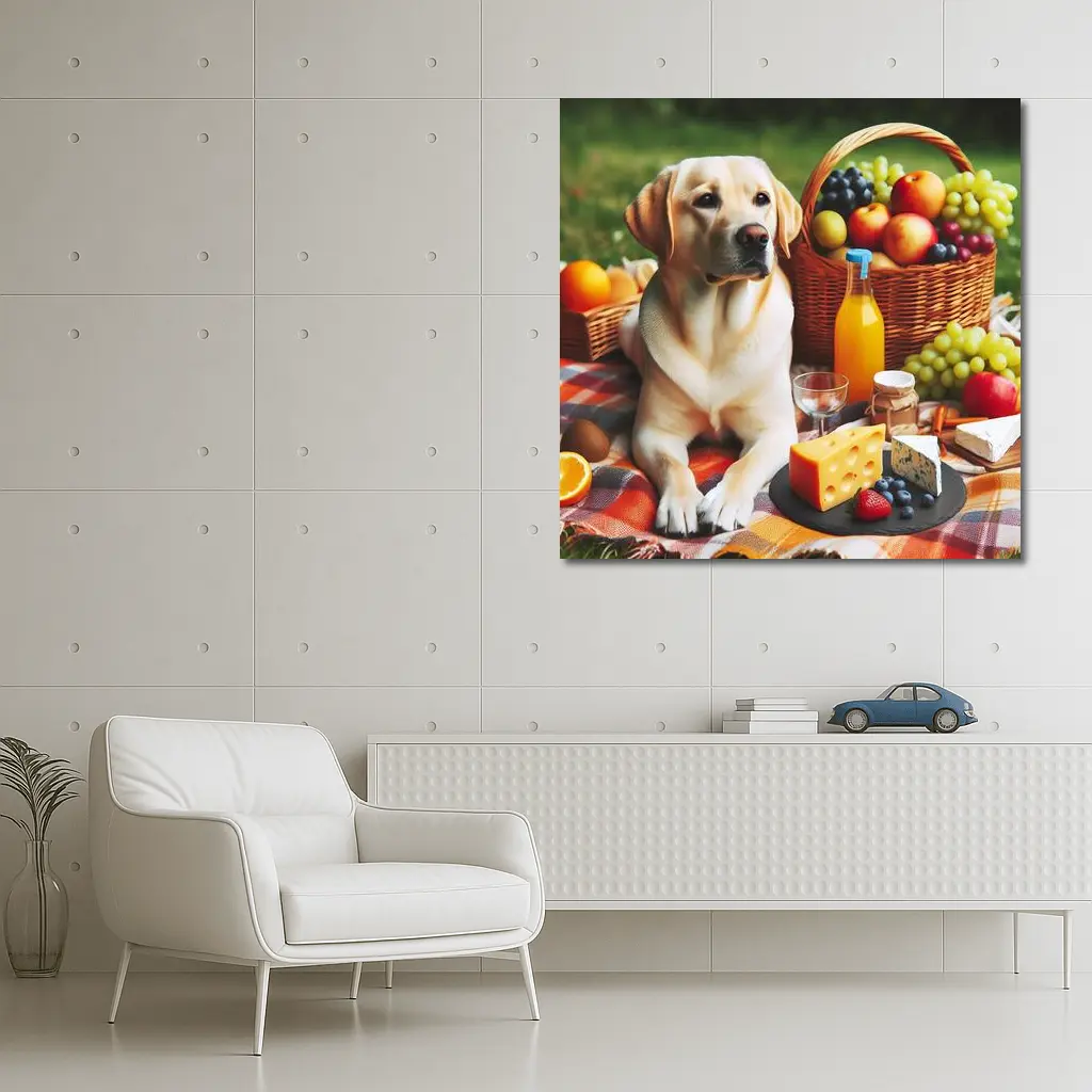 Labrador Retriever Relaxing at Picnic Spread – Wall Art