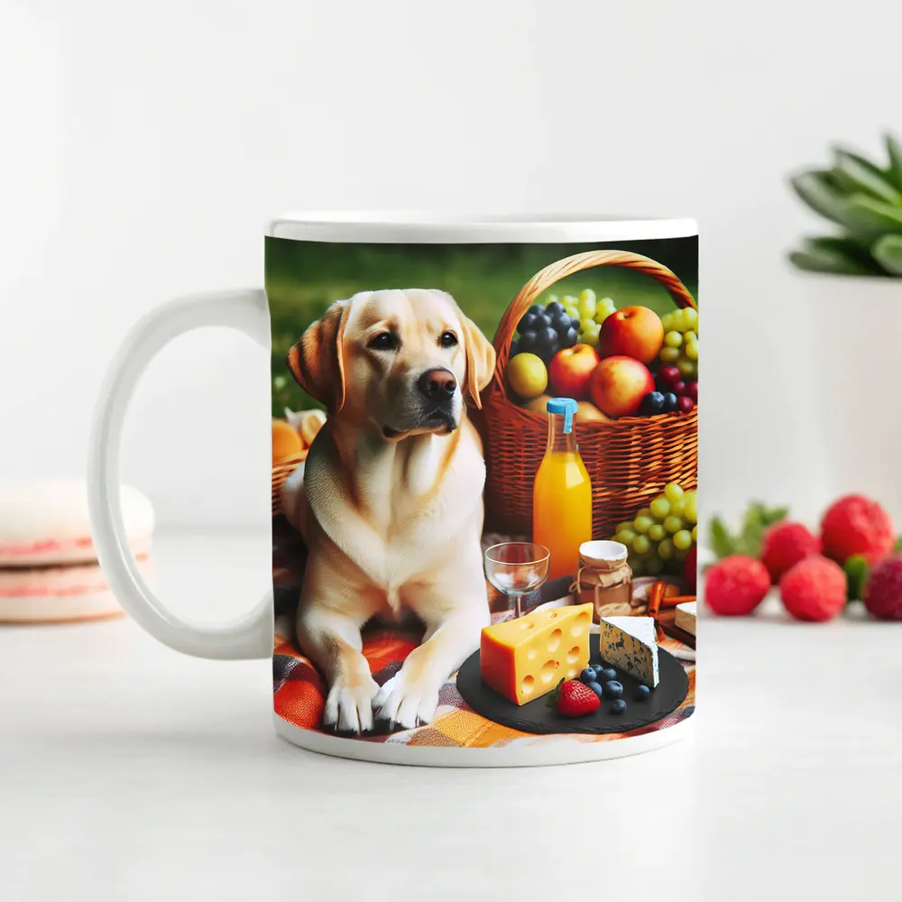 Labrador Retriever Relaxing at Picnic Spread – Mugs