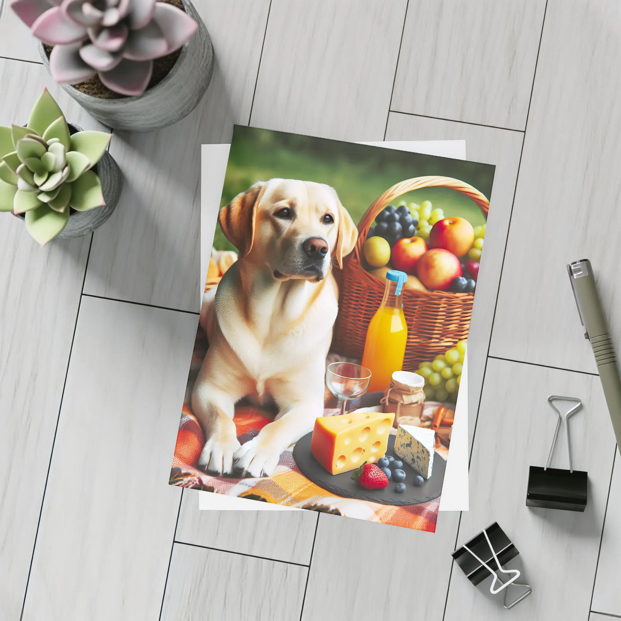 Labrador Retriever Relaxing at Picnic Spread – Postcards