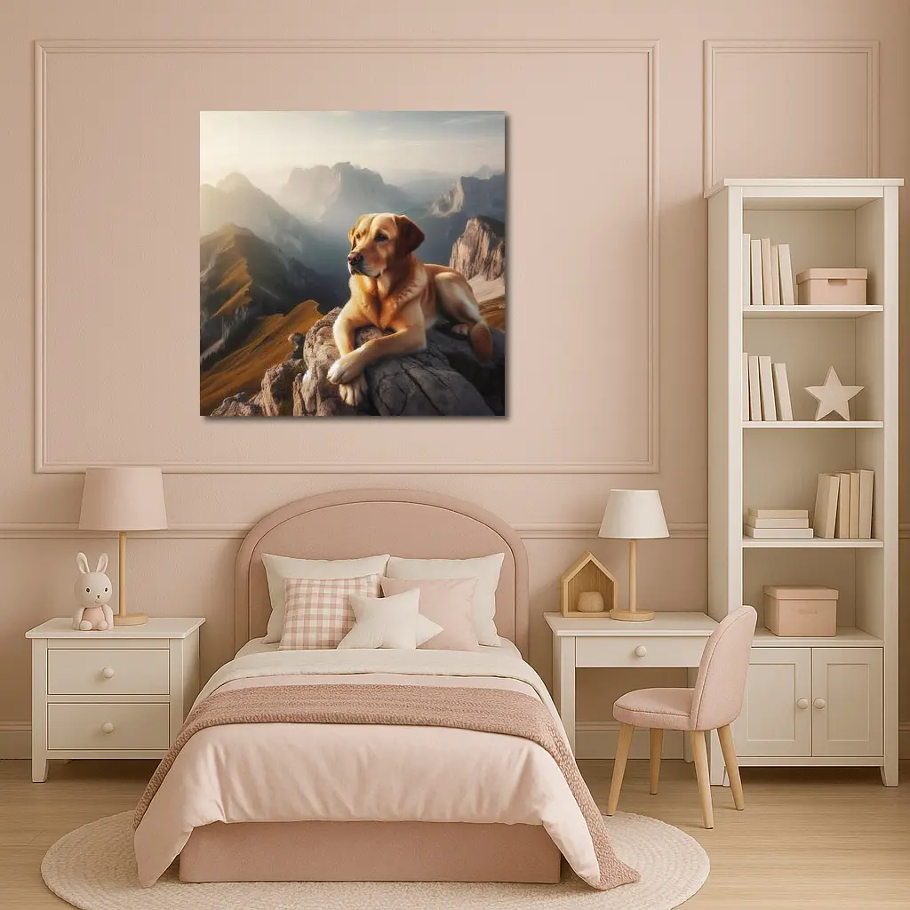 Yellow Labrador Retriever Resting On Mountain Summit – Wall Art