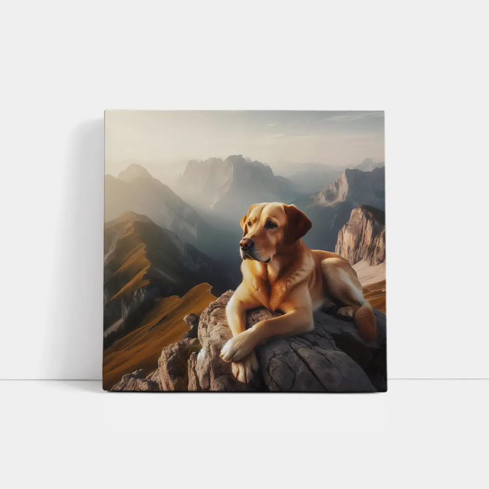 Yellow Labrador Retriever Resting On Mountain Summit – Wall Art