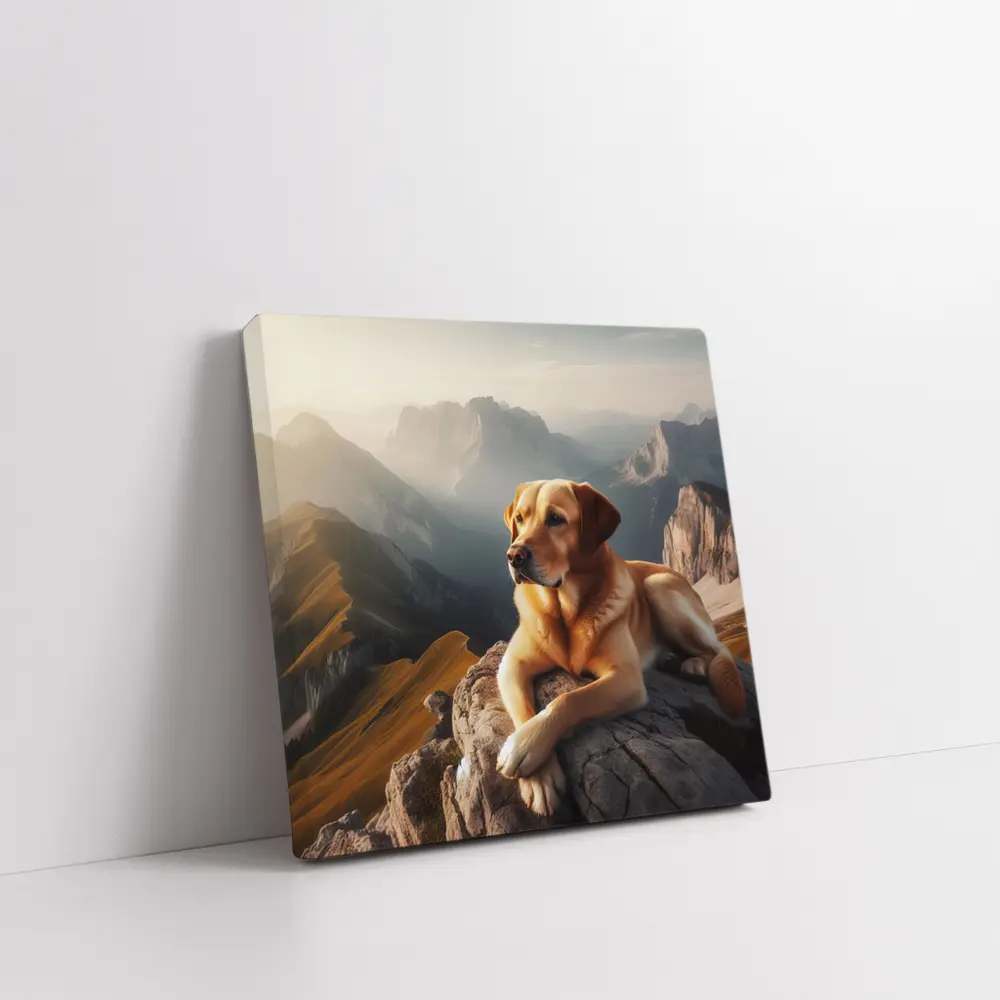 Yellow Labrador Retriever Resting On Mountain Summit – Wall Art