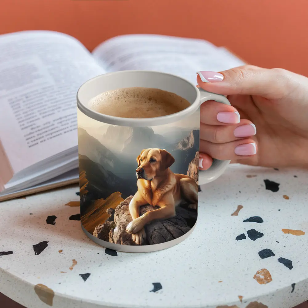 Yellow Labrador Retriever Resting On Mountain Summit – Mugs