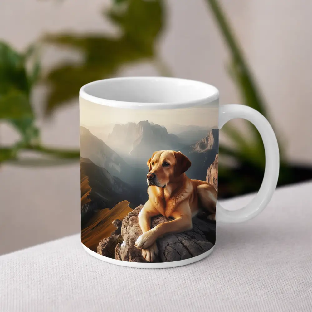 Yellow Labrador Retriever Resting On Mountain Summit – Mugs