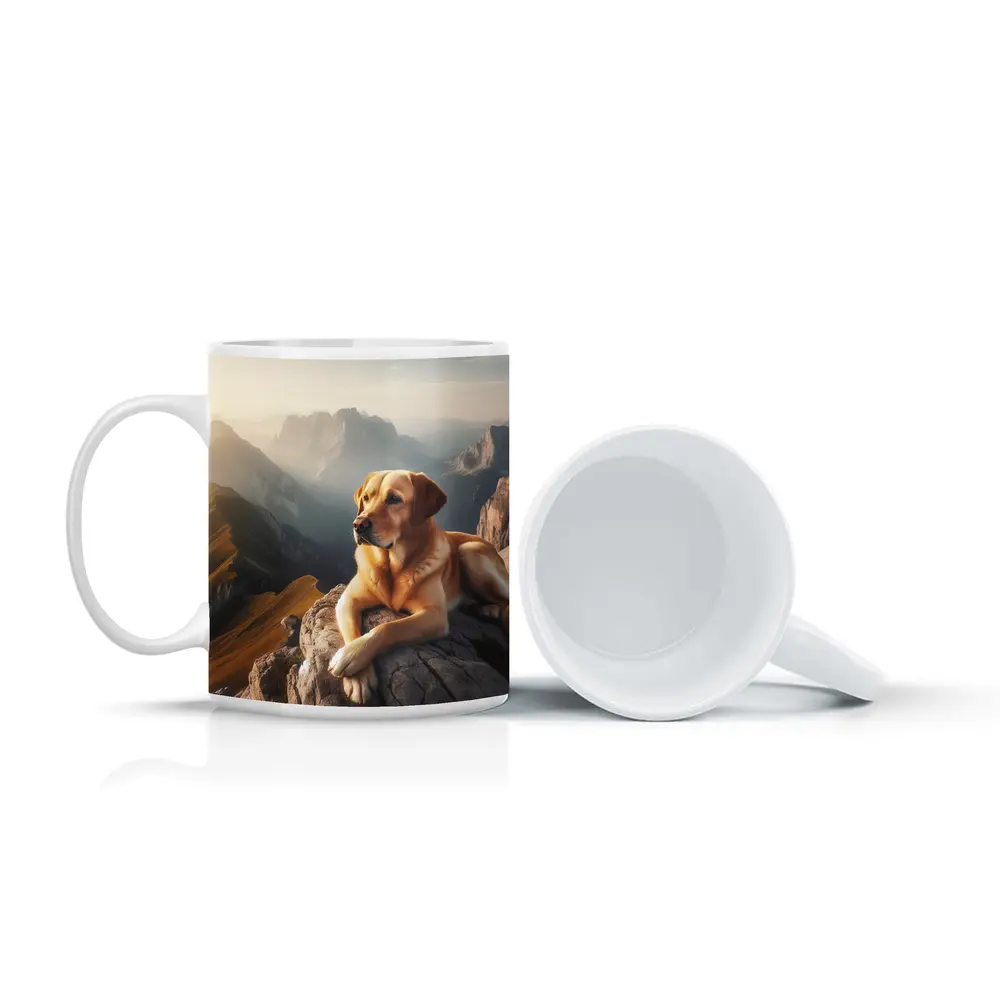 Yellow Labrador Retriever Resting On Mountain Summit – Mugs