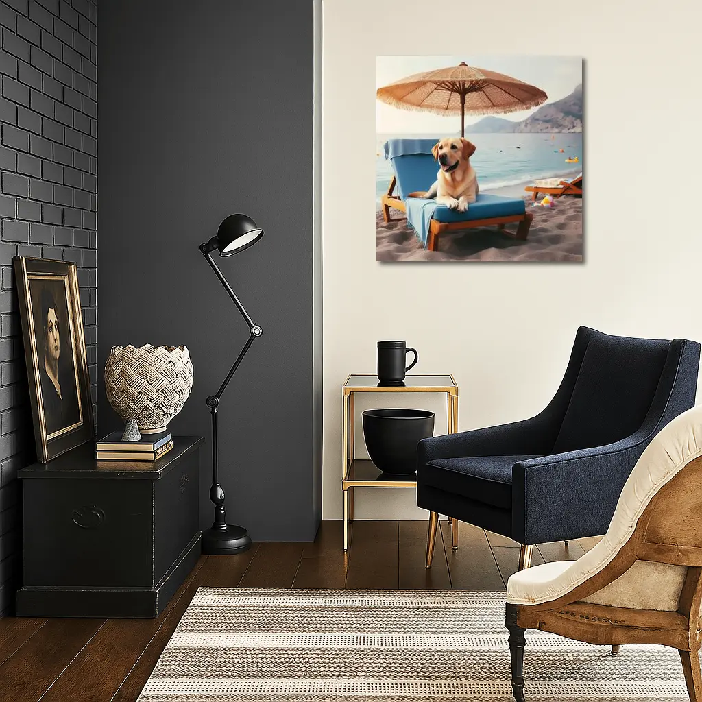 Golden Labrador Relaxing on Beach Lounger – Wall Art
