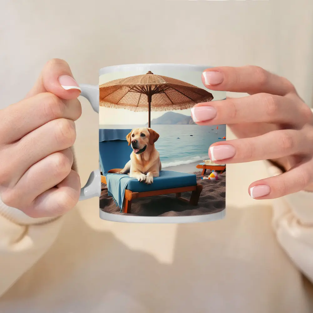 Golden Labrador Relaxing on Beach Lounger – Mugs