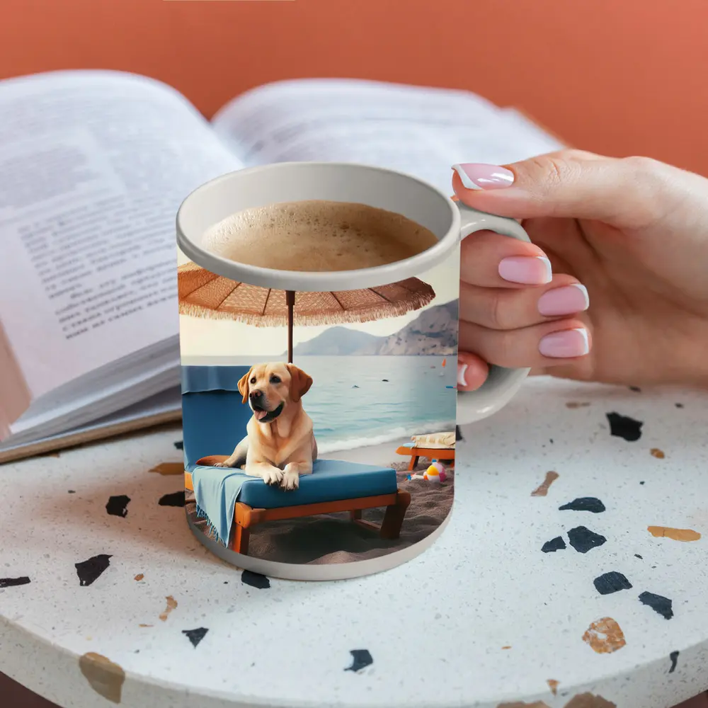 Golden Labrador Relaxing on Beach Lounger – Mugs
