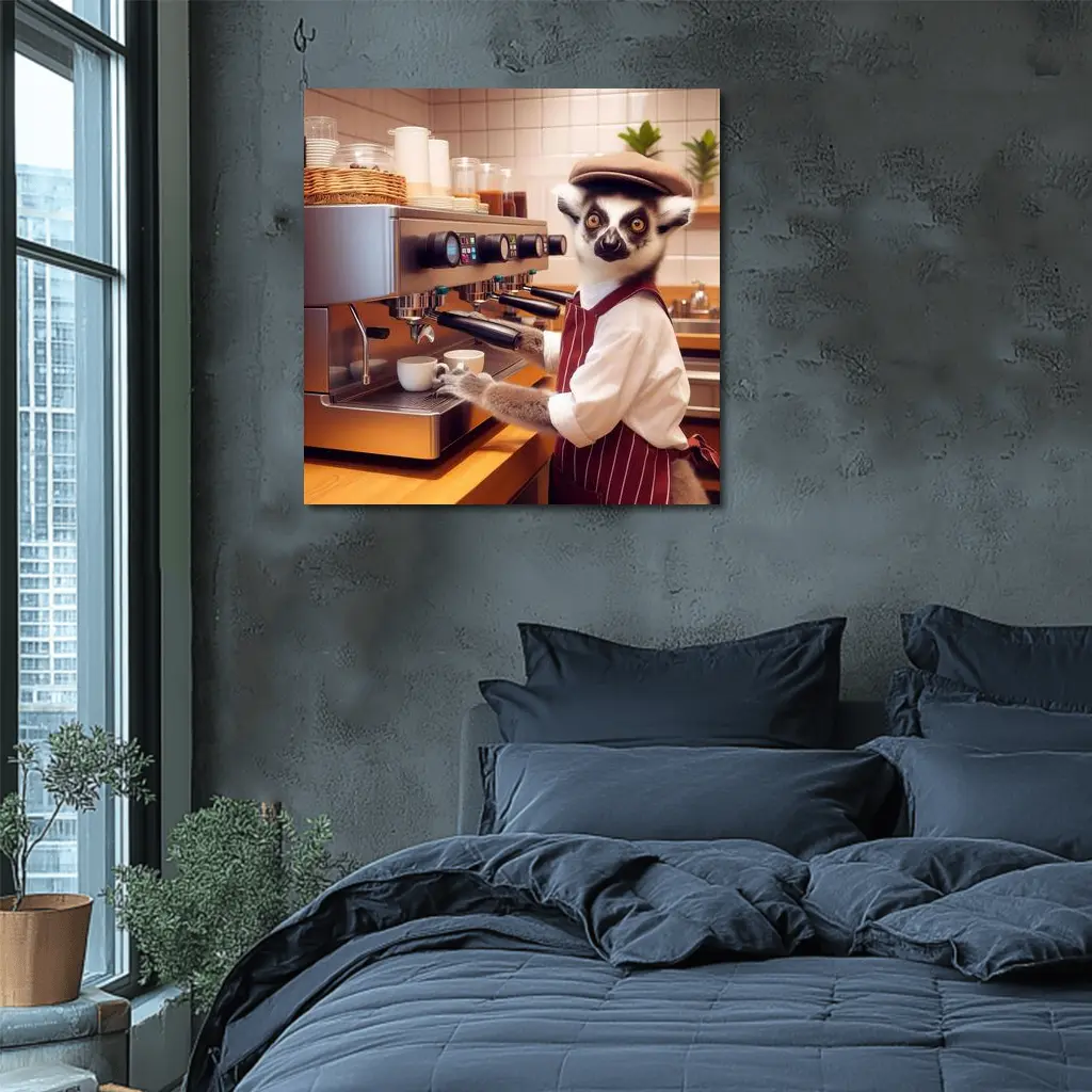 Ring Tailed Lemur Barista In Coffee Shop – Wall Art