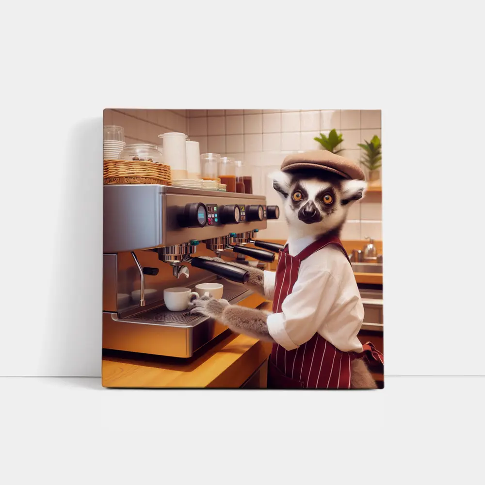 Ring Tailed Lemur Barista In Coffee Shop – Wall Art