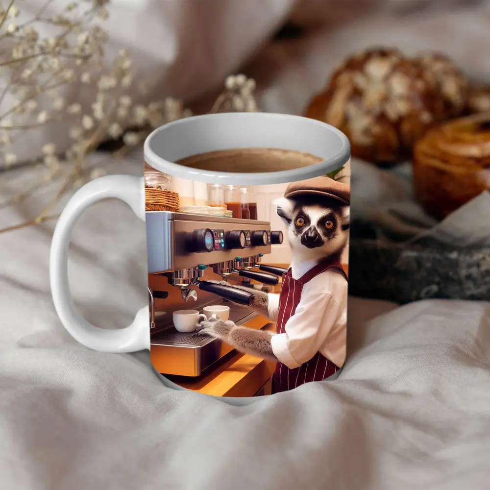 Ring Tailed Lemur Barista In Coffee Shop – Mugs