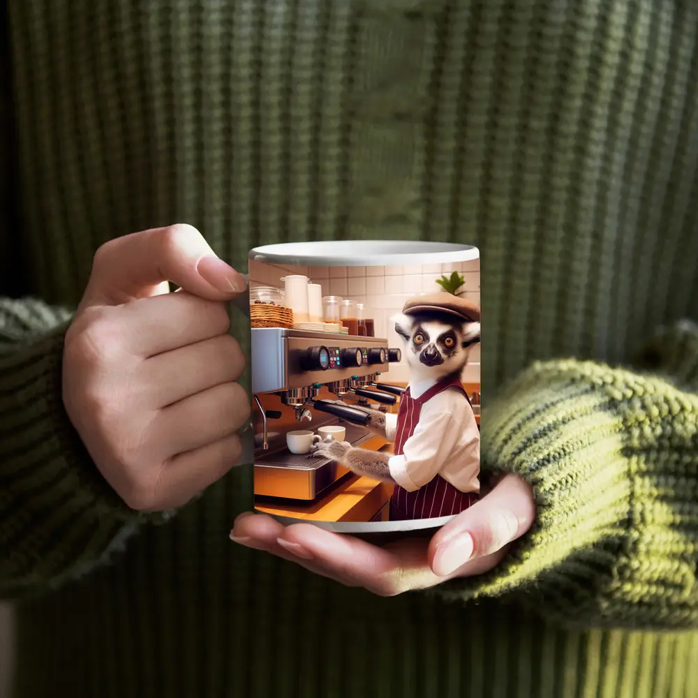 Ring Tailed Lemur Barista In Coffee Shop – Mugs