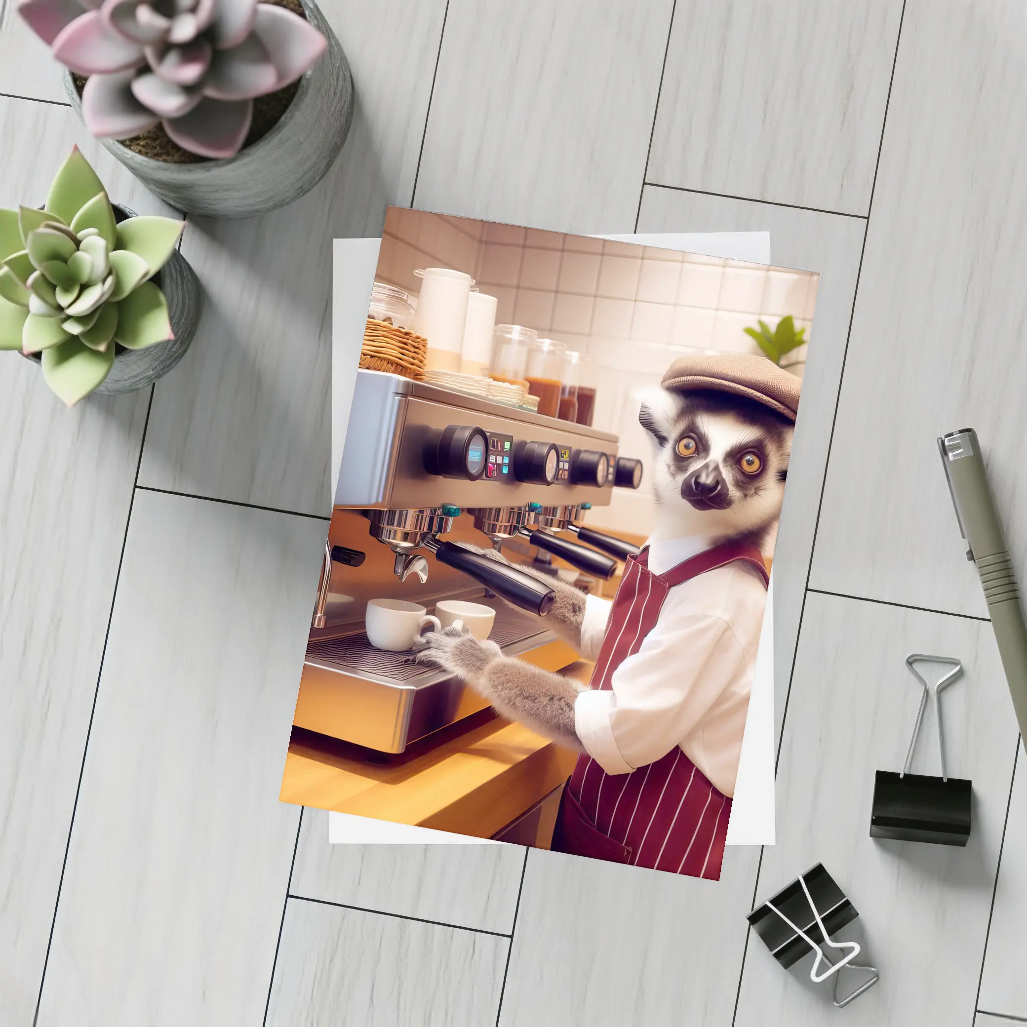Ring Tailed Lemur Barista In Coffee Shop – Postcards