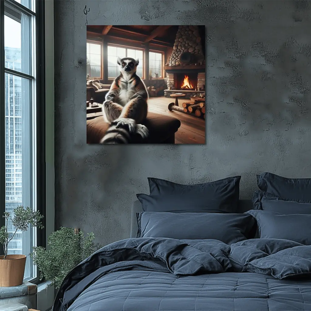 Ring Tailed Lemur Cozy Cabin Fireplace – Wall Art