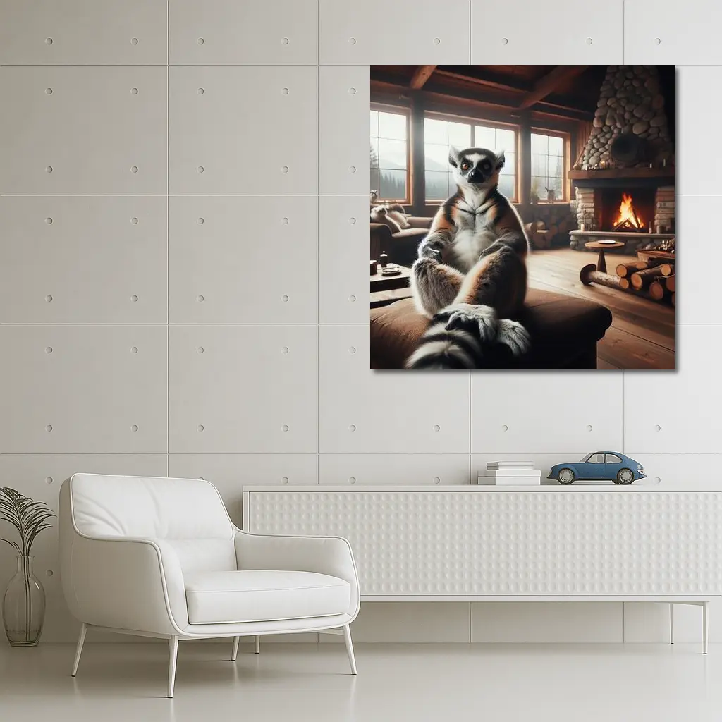 Ring Tailed Lemur Cozy Cabin Fireplace – Wall Art