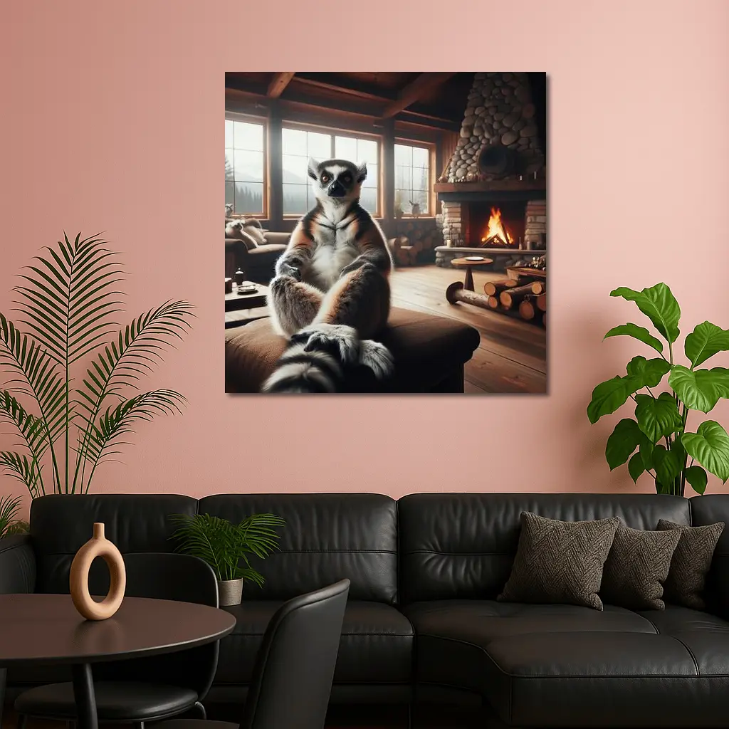 Ring Tailed Lemur Cozy Cabin Fireplace – Wall Art