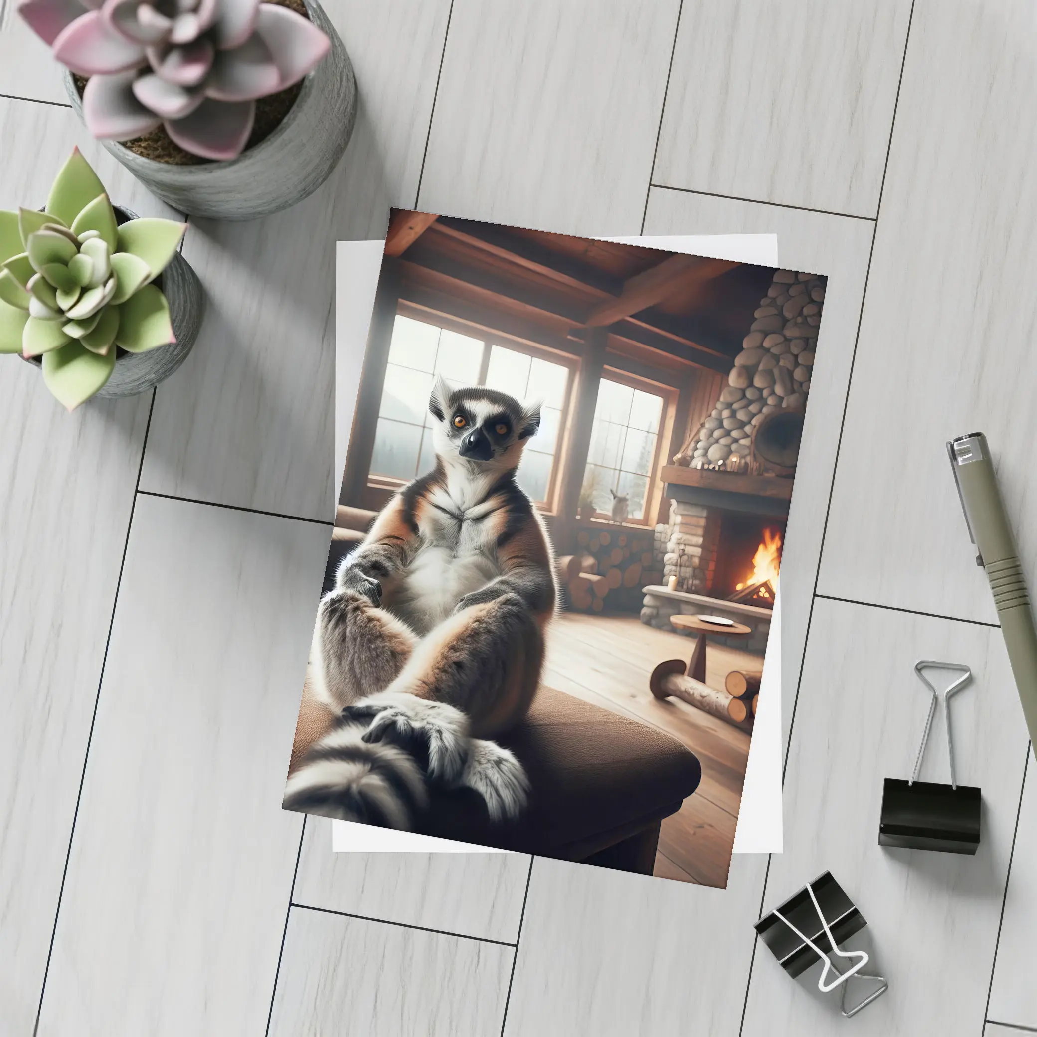 Ring Tailed Lemur Cozy Cabin Fireplace – Postcards