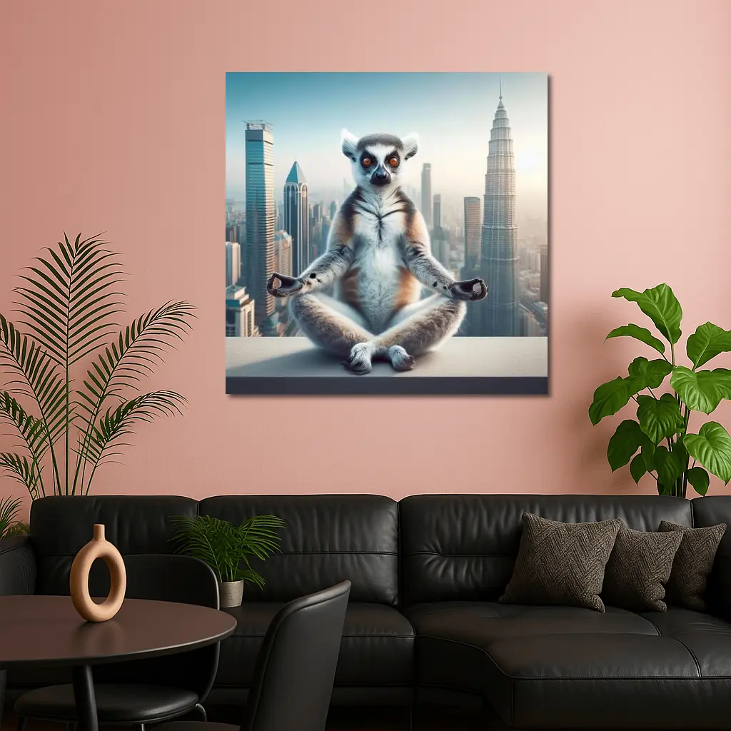 Ring Tailed Lemur Meditating City Skyline – Wall Art