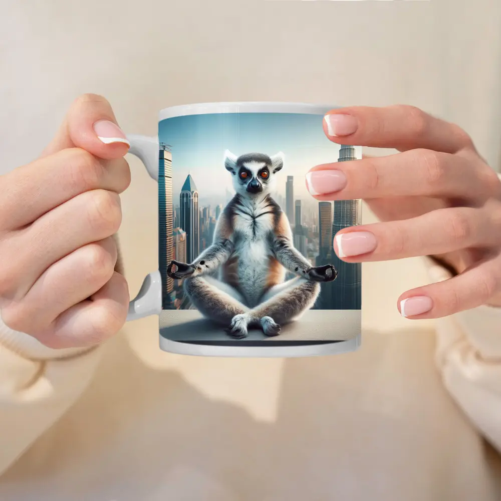 Ring Tailed Lemur Meditating City Skyline – Mugs