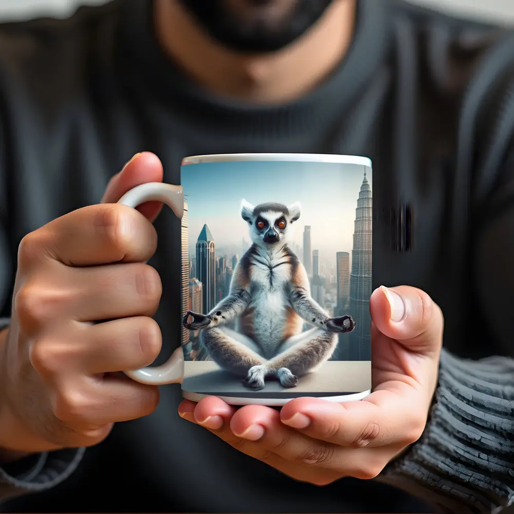 Ring Tailed Lemur Meditating City Skyline – Mugs