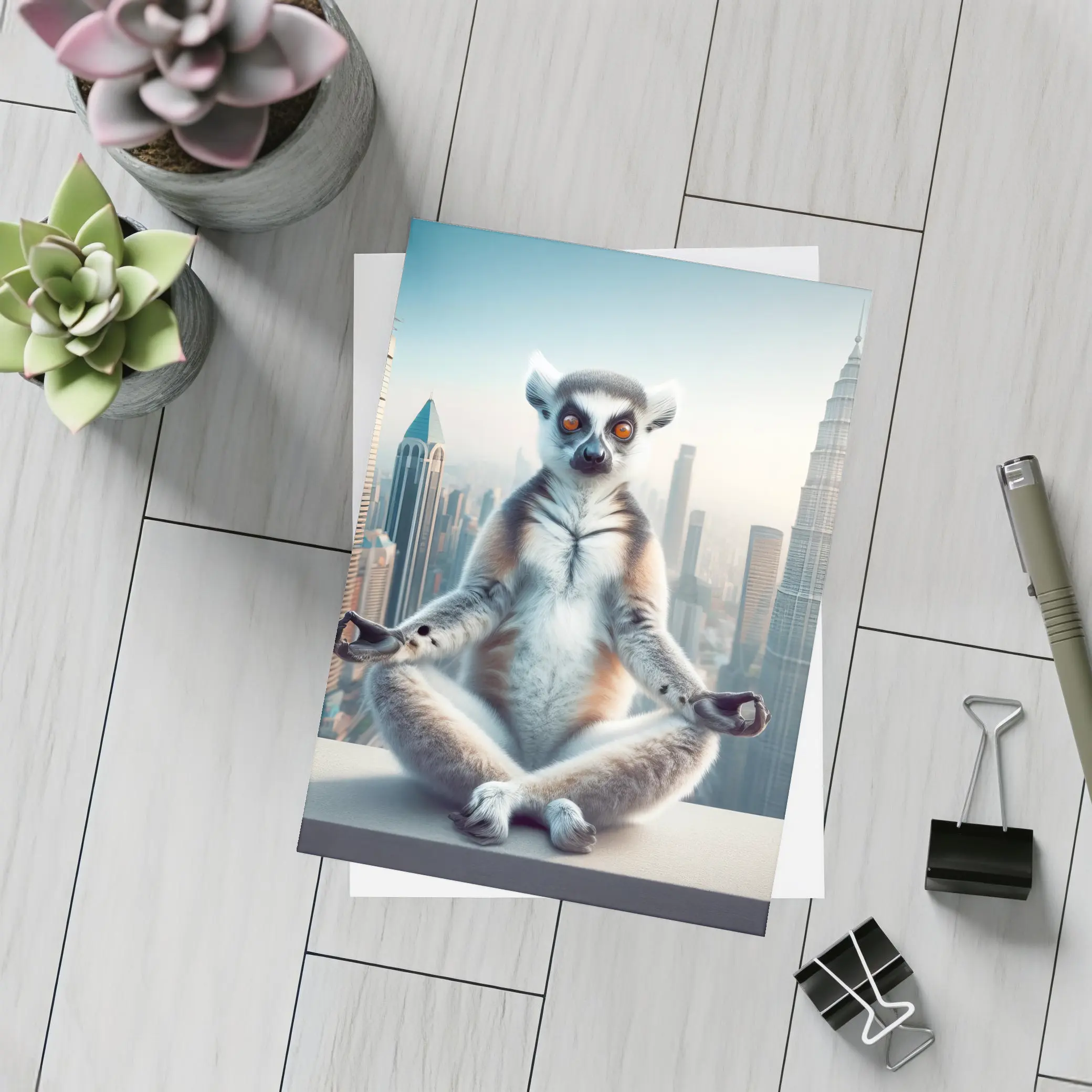 Ring Tailed Lemur Meditating City Skyline – Postcards