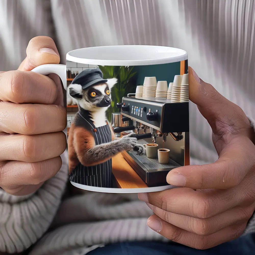 Ring Tailed Lemur Barista Making Espresso – Mugs