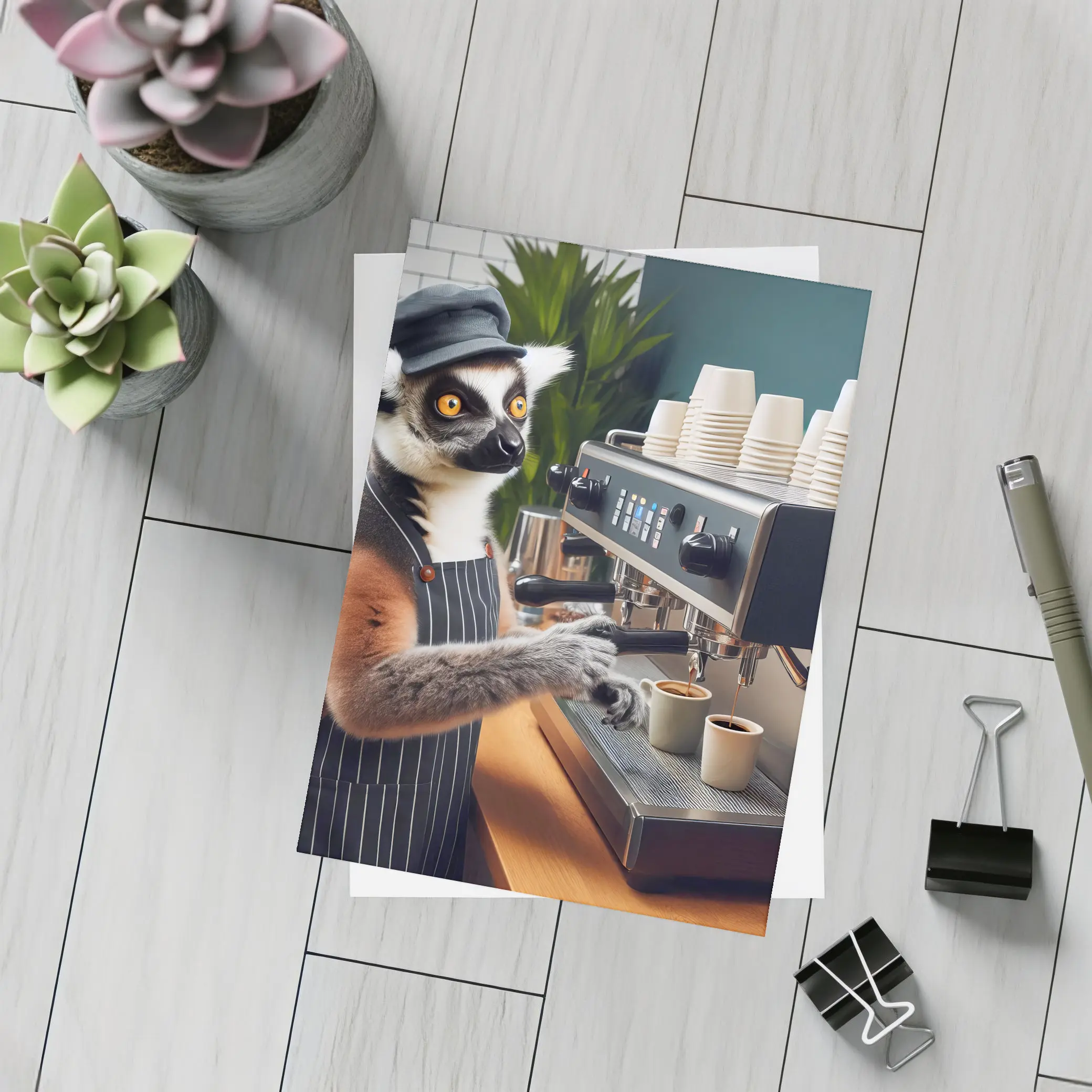 Ring Tailed Lemur Barista Making Espresso – Postcards